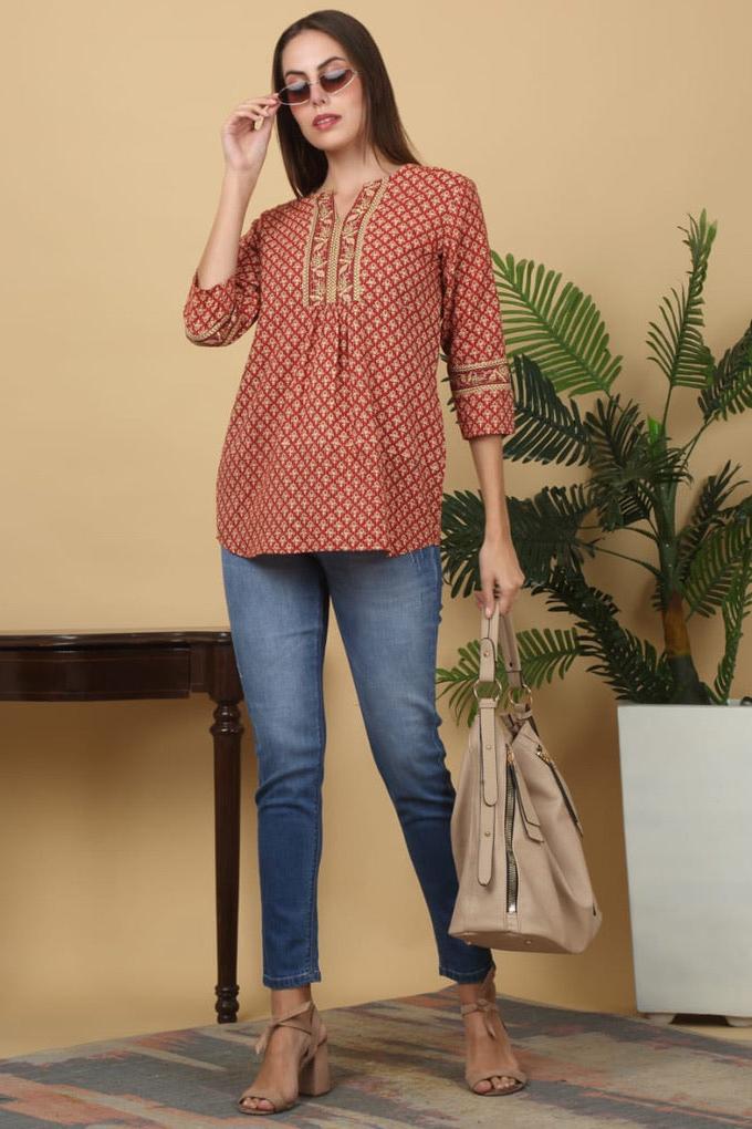 Red Kurti -Brown Prints